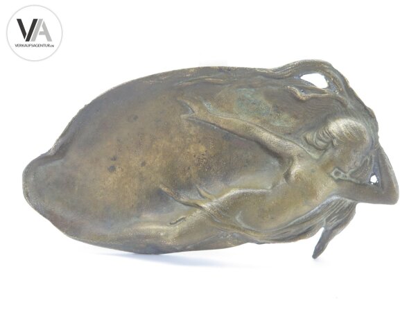 Jugendstil Figur Jungfrau Nymphe Visitenkartenschale Antik Bronze Messing 18cm