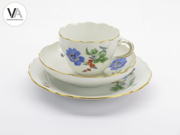 Meissen Porzellan Kaffeeservice Kaffeegedeck bunte Blume 2 Blau 2. Wahl