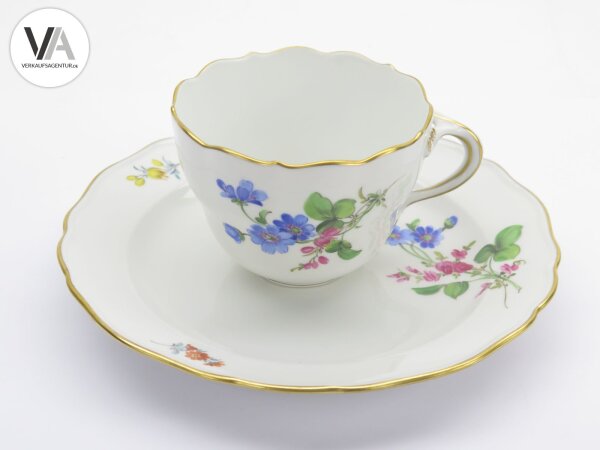 Meissen Porzellan Kaffeegedeck Kaffeeservice bunte Blume 2 Blau 2. Wahl