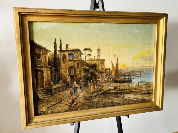 Italien Standpromenade Hafenszenerie Ölgemälde Leinwand Holzrahmen 95x66cm