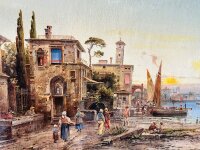 Italien Standpromenade Hafenszenerie Ölgemälde Leinwand Holzrahmen 95x66cm