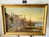 Italien Standpromenade Hafenszenerie Ölgemälde Leinwand Holzrahmen 95x66cm
