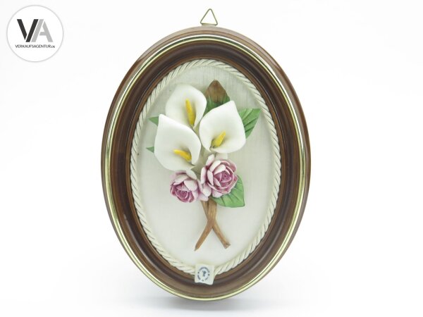 Capotimonte Porzellan 3-D Wandbild Blumenstrauß Handarbeit oval 21cm hoch