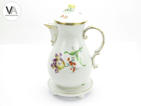 Meissen Porzellan Kaffeekanne mit Untersetzer bunte Blume 26cm hoch